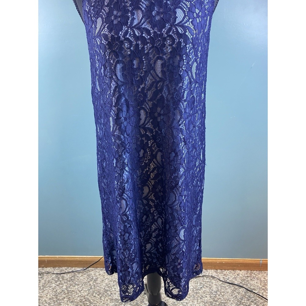 Navy‎ Blue Floral Lace Sleeveless Shift Dress Round Neck Midi Elegant Cocktail - Picture 16 of 16